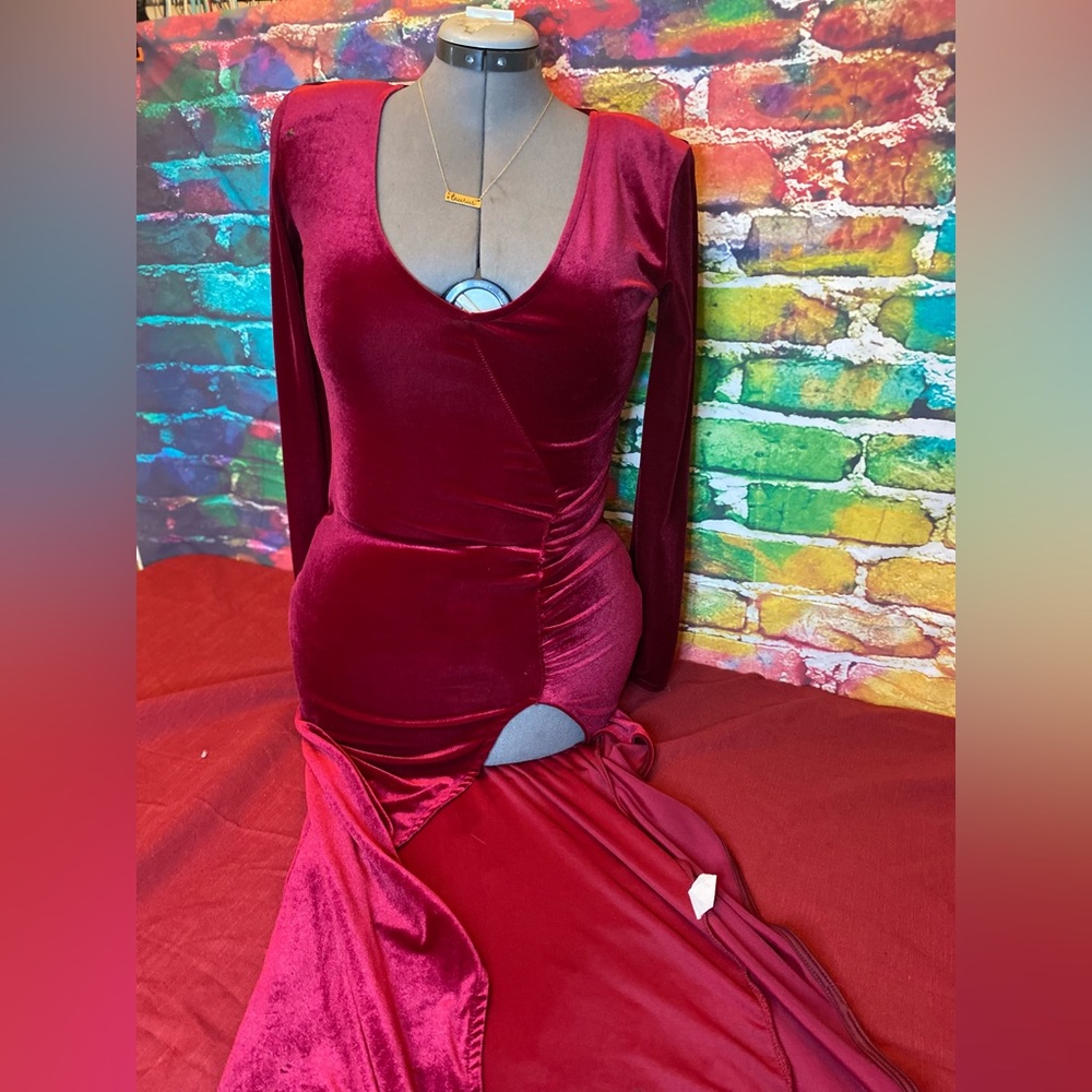 Fashion Nova Long Sleeve Velvet Burgundy Maxi Dress with Side Slit